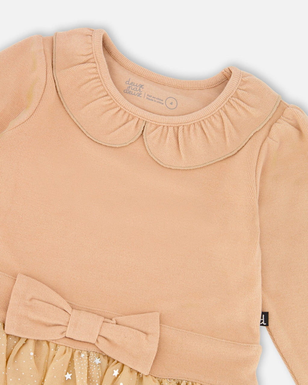 Bi-Material Dress With Glittering Skirt Beige