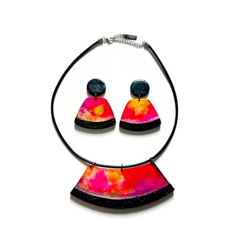 Bold Colorful Statement Bib Necklace with Adjustable Rubber Cord